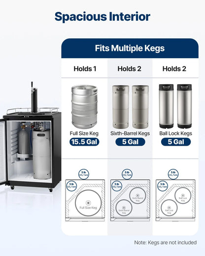 VEVOR Beer Kegerator, Single Tap Draft Beer Dispenser, Full Size Keg Refrigerator With Shelves, CO2 Cylinder, Drip Tray & Rail, 32°F- 75.2°F Temperature Control, Holds 1/6, 1/4, 1/2 Barrels, Silver - View 13