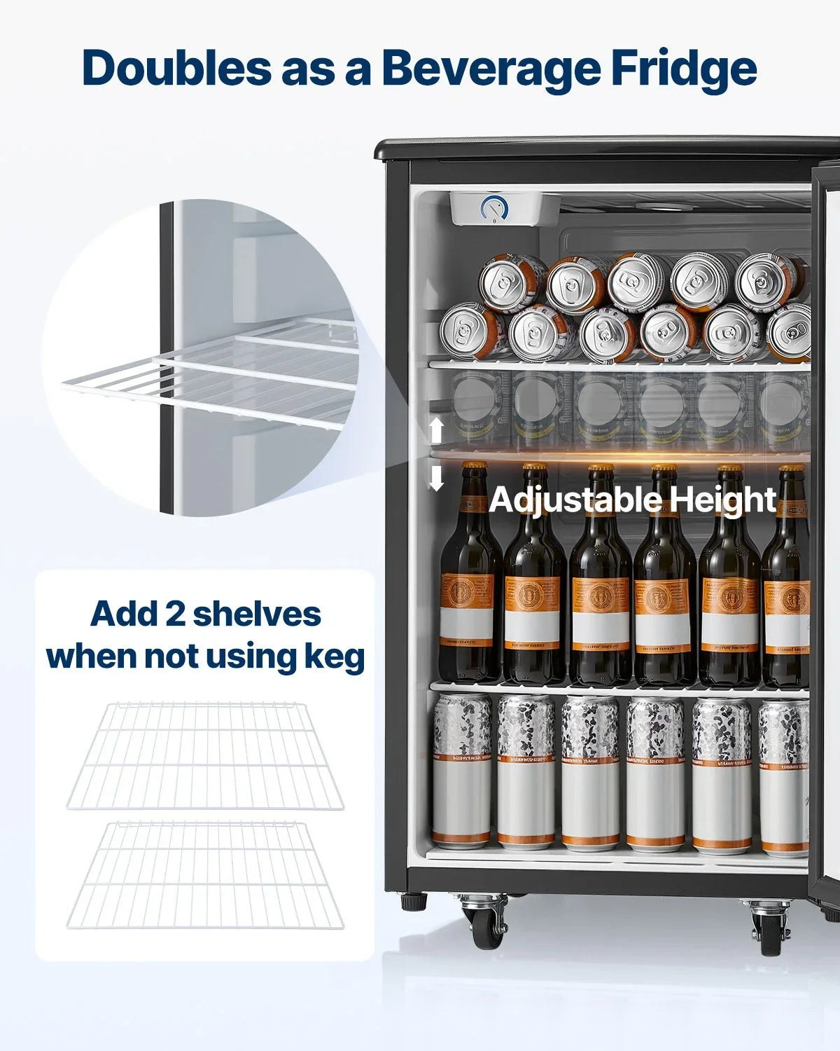 VEVOR Beer Kegerator, Single Tap Draft Beer Dispenser, Full Size Keg Refrigerator with Shelves, CO2 Cylinder, Drip Tray & Rail, 32°F- 50°F Temperature Control, Holds 1/6, 1/4, 1/2 Barrels, Black - View 15