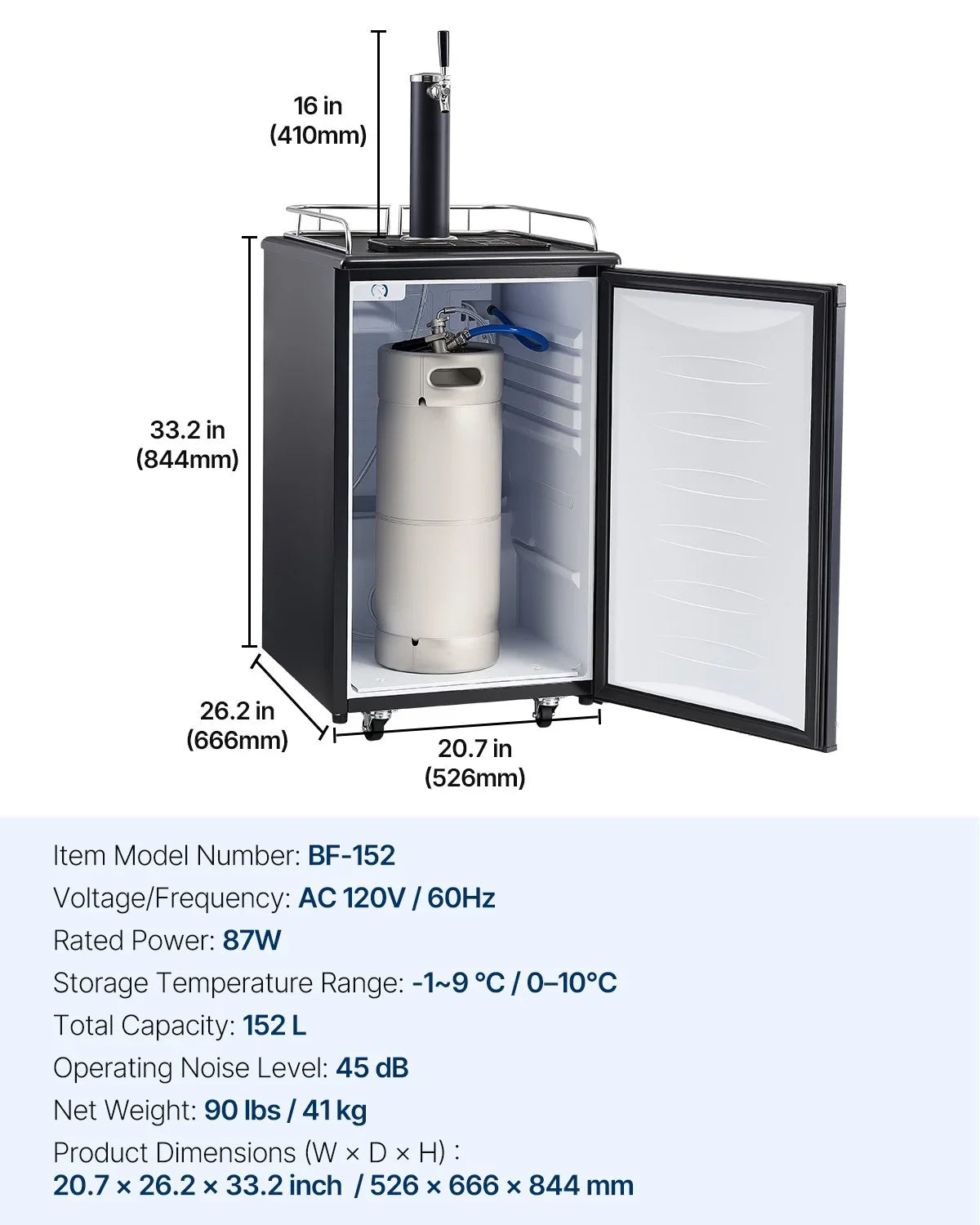 VEVOR Beer Kegerator, Single Tap Draft Beer Dispenser, Full Size Keg Refrigerator with Shelves, CO2 Cylinder, Drip Tray & Rail, 32°F- 50°F Temperature Control, Holds 1/6, 1/4, 1/2 Barrels, Black - View 16