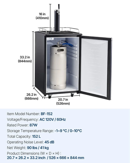 VEVOR Beer Kegerator, Single Tap Draft Beer Dispenser, Full Size Keg Refrigerator with Shelves, CO2 Cylinder, Drip Tray & Rail, 32°F- 50°F Temperature Control, Holds 1/6, 1/4, 1/2 Barrels, Black - View 16