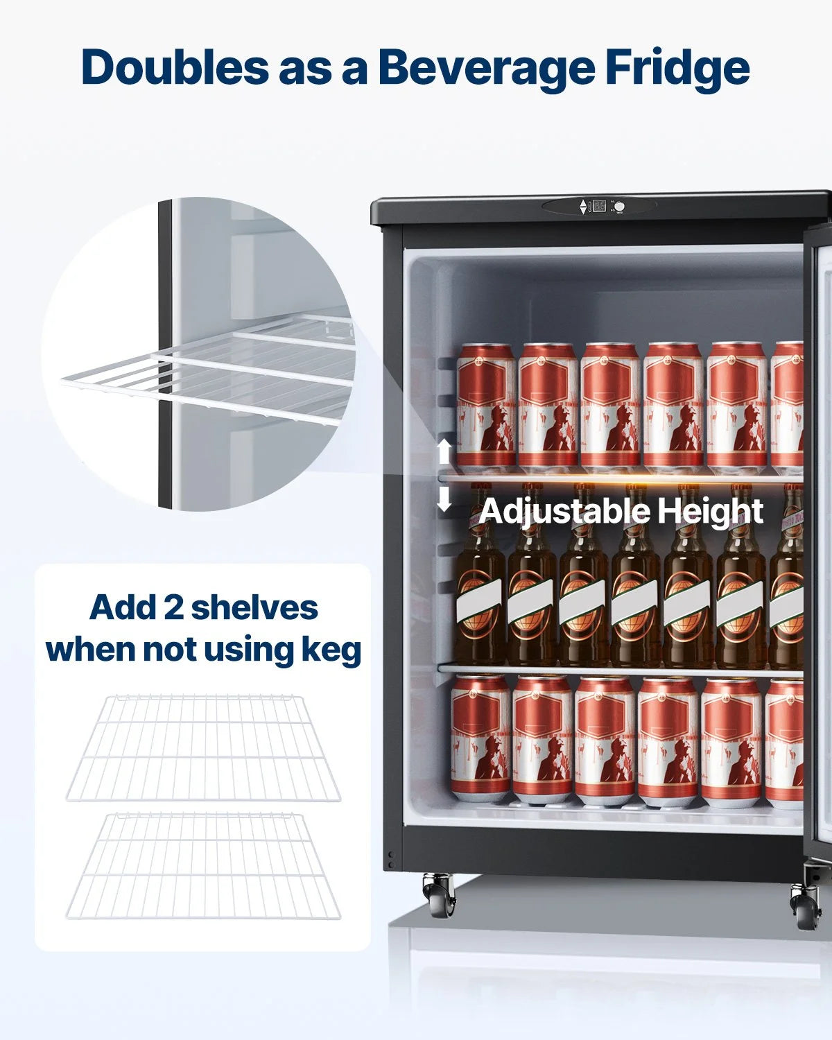 VEVOR Beer Kegerator, Single Tap Draft Beer Dispenser, Full Size Keg Refrigerator With Shelves, CO2 Cylinder, Drip Tray & Rail, 32°F- 75.2°F Temperature Control, Holds 1/6, 1/4, 1/2 Barrels, Silver - View 16