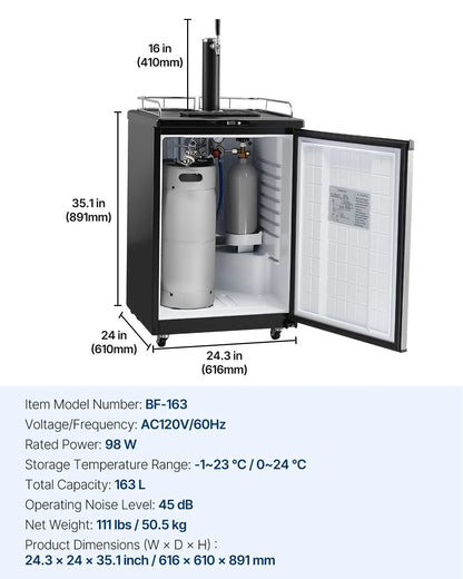 VEVOR Beer Kegerator, Single Tap Draft Beer Dispenser, Full Size Keg Refrigerator With Shelves, CO2 Cylinder, Drip Tray & Rail, 32°F- 75.2°F Temperature Control, Holds 1/6, 1/4, 1/2 Barrels, Silver - View 17