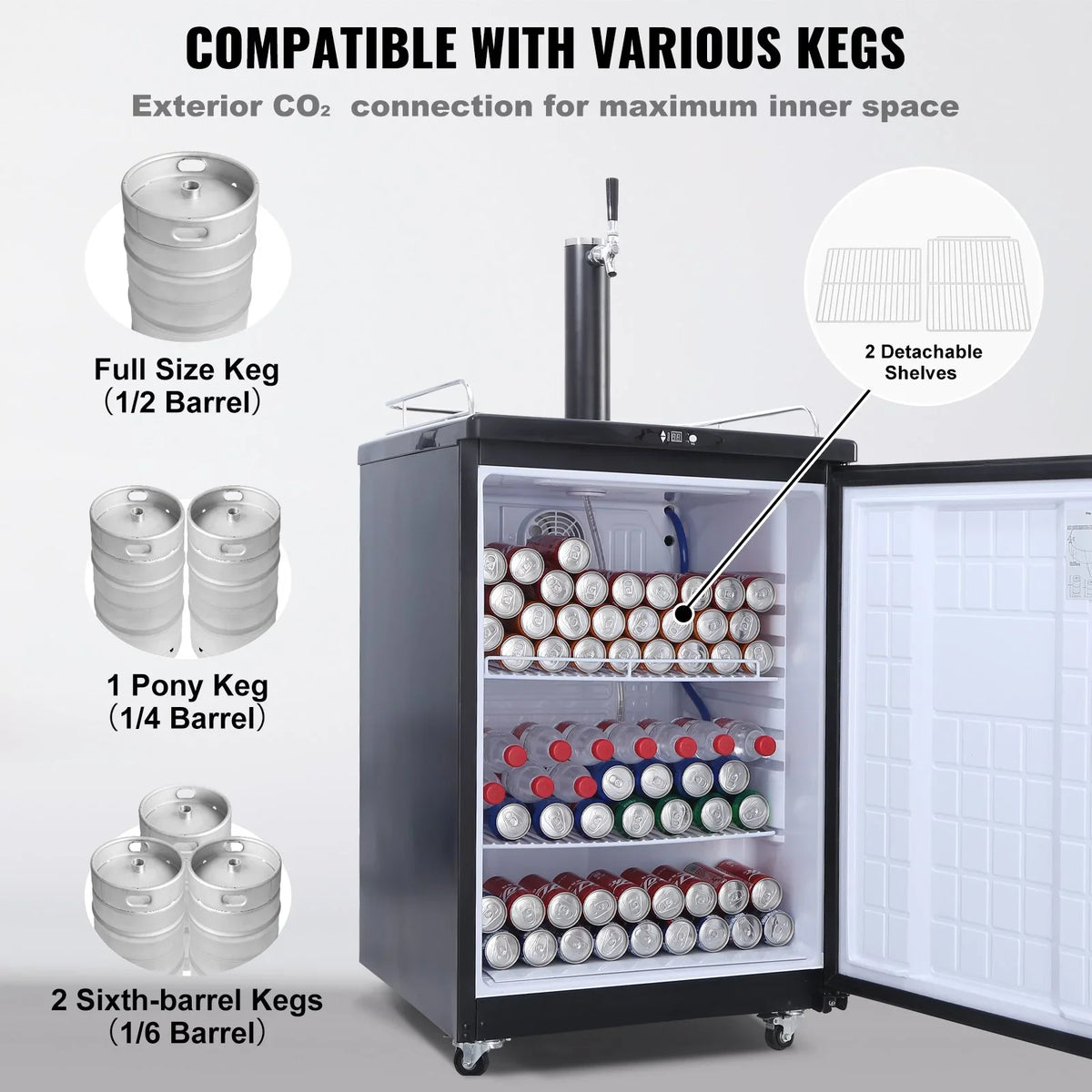 VEVOR Beer Kegerator, Single Tap Draft Beer Dispenser, Full Size Keg Refrigerator With Shelves, CO2 Cylinder, Drip Tray & Rail, 32°F- 75.2°F Temperature Control, Holds 1/6, 1/4, 1/2 Barrels, Silver - View 3