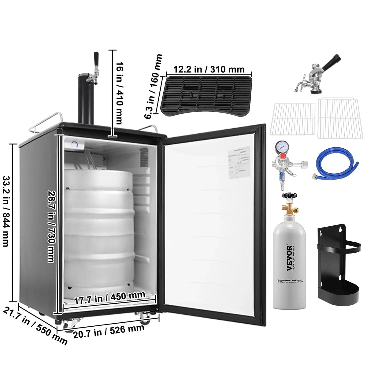 VEVOR Beer Kegerator, Single Tap Draft Beer Dispenser, Full Size Keg Refrigerator with Shelves, CO2 Cylinder, Drip Tray & Rail, 32°F- 50°F Temperature Control, Holds 1/6, 1/4, 1/2 Barrels, Black - View 6
