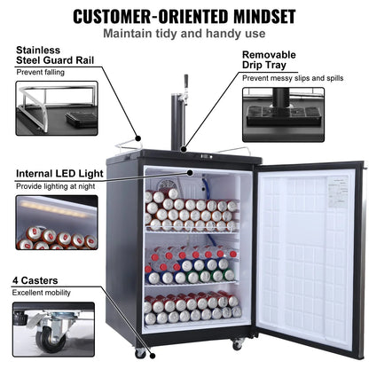 VEVOR Beer Kegerator, Single Tap Draft Beer Dispenser, Full Size Keg Refrigerator With Shelves, CO2 Cylinder, Drip Tray & Rail, 32°F- 75.2°F Temperature Control, Holds 1/6, 1/4, 1/2 Barrels, Silver - View 5