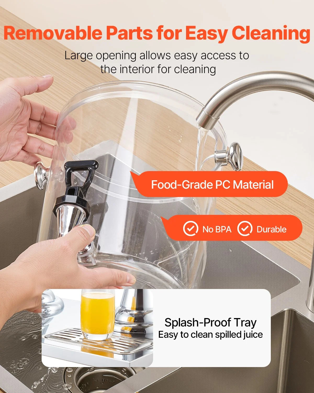 VEVOR Beverage Dispenser, 2.1 Gallon x 2 Drink Dispenser for Parties, Stainless Steel + Plastic Juice Dispensers with Spigot Ice Chamber Tray, Iced Tea Lemonade Dispensers, for Restaurants, Hotels - View 5