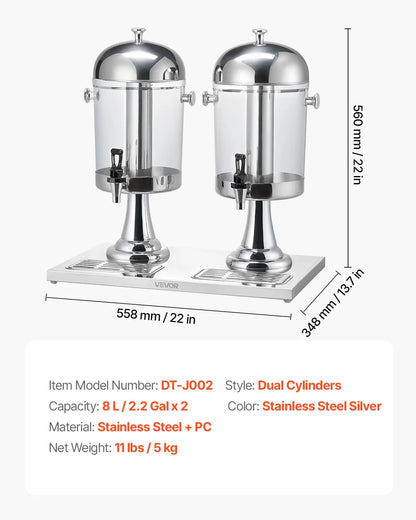 VEVOR Beverage Dispenser, 2.1 Gallon x 2 Drink Dispenser for Parties, Stainless Steel + Plastic Juice Dispensers with Spigot Ice Chamber Tray, Iced Tea Lemonade Dispensers, for Restaurants, Hotels - View 6