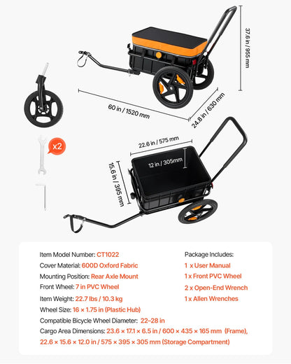 VEVOR Bike Cargo Trailer 100 lbs 2-in-1 Pushcart Heavy-Duty Bicycle Wagon, Cart with Waterproof Cover, 7 in & 16 in Wheels, Reflector, Carbon Steel Frame, Fits 22-28 in Bike Wheels, for Carrying Cargo - View 6