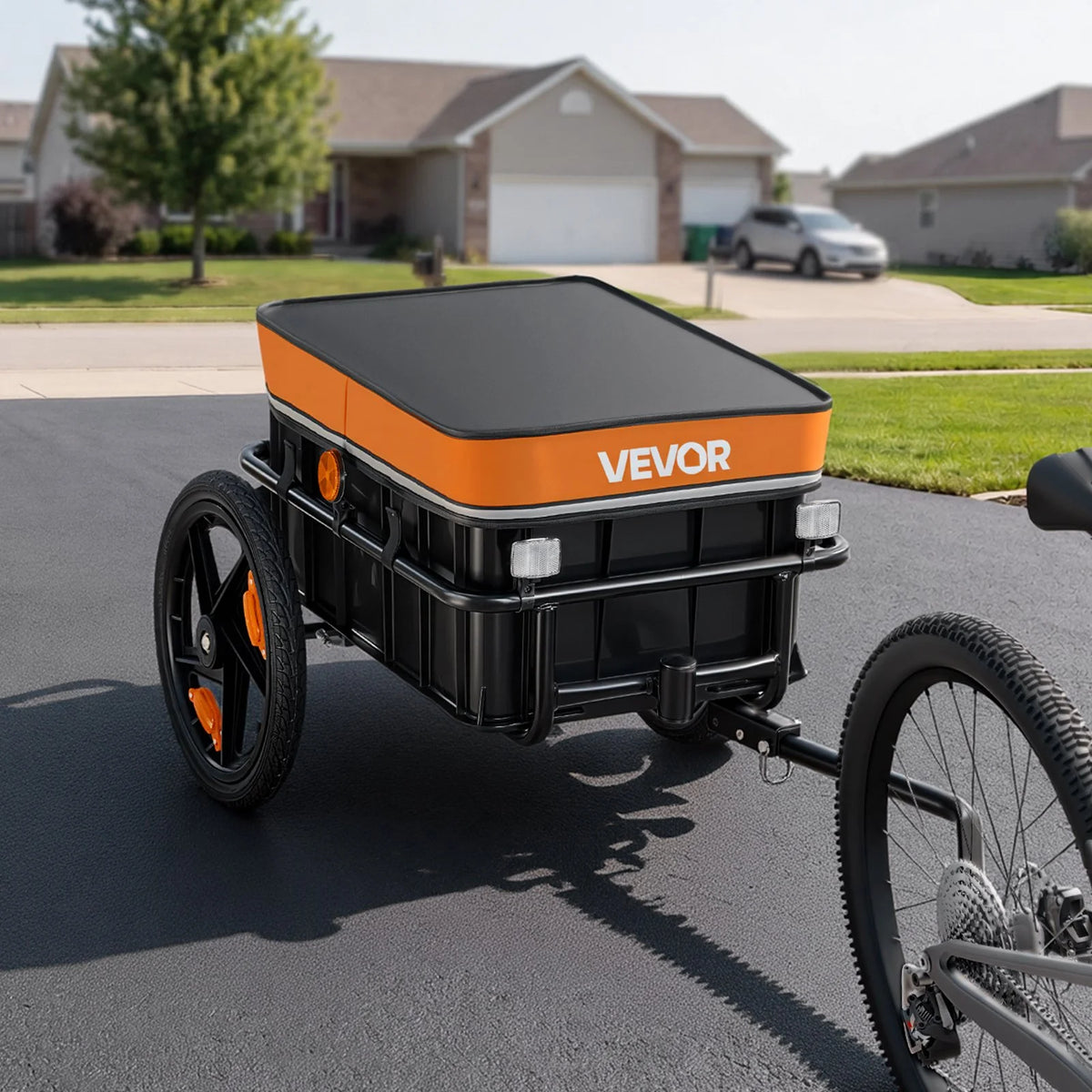 VEVOR Bike Cargo Trailer 100 lbs 2-in-1 Pushcart Heavy-Duty Bicycle Wagon, Cart with Waterproof Cover, 7 in & 16 in Wheels, Reflector, Carbon Steel Frame, Fits 22-28 in Bike Wheels, for Carrying Cargo - View 7