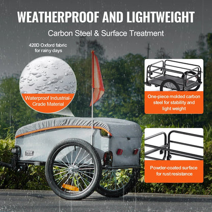 VEVOR Bike Cargo Trailer, 100 lbs Load Capacity, Heavy-Duty Bicycle Wagon Cart, Foldable Compact Storage with Universal Hitch, Waterproof Cover, 16" Wheels, Safe Reflectors, Fits 22"-28" Bike Wheels - View 2