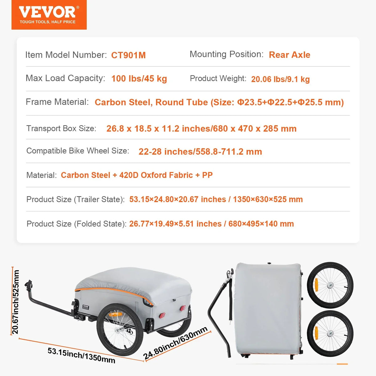 VEVOR Bike Cargo Trailer, 100 lbs Load Capacity, Heavy-Duty Bicycle Wagon Cart, Foldable Compact Storage with Universal Hitch, Waterproof Cover, 16" Wheels, Safe Reflectors, Fits 22"-28" Bike Wheels - View 6