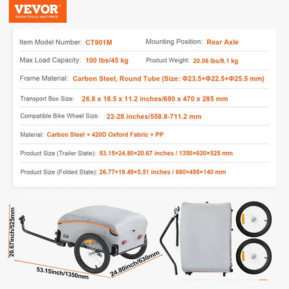 VEVOR Bike Cargo Trailer, 100 lbs Load Capacity, Heavy-Duty Bicycle Wagon Cart, Foldable Compact Storage with Universal Hitch, Waterproof Cover, 16" Wheels, Safe Reflectors, Fits 22"-28" Bike Wheels - View 6