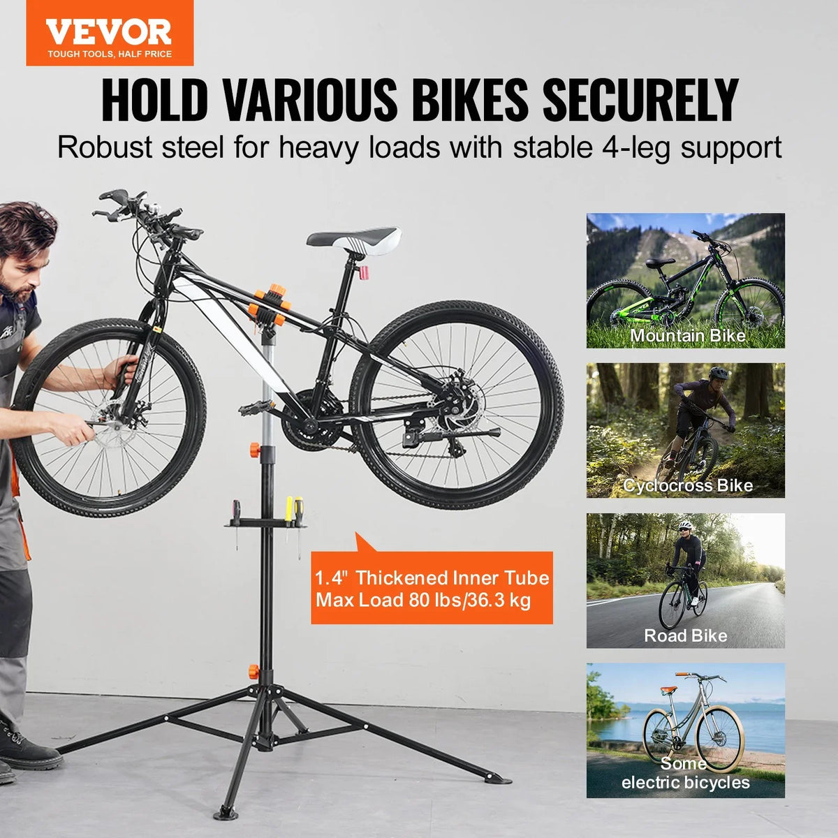 VEVOR Bike Repair Stand, 80 lbs Heavy-duty Steel Bicycle Repair Stand, Adjustable Height Bike Maintenance Workstand with Magnetic Tool Tray Telescopic Arm, Foldable Bike Work Stand for Home, Shops - View 3