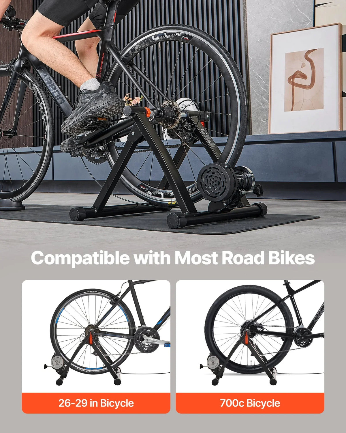 VEVOR Bike Trainer, 6 Level Resistance, 26-29 in & 700C Wheels, Foldable Magnetic Bicycle Stationary Stand for Indoor Exercise Riding with Quick Release Skewer & Front Wheel Riser Block for Road Bikes - View 3