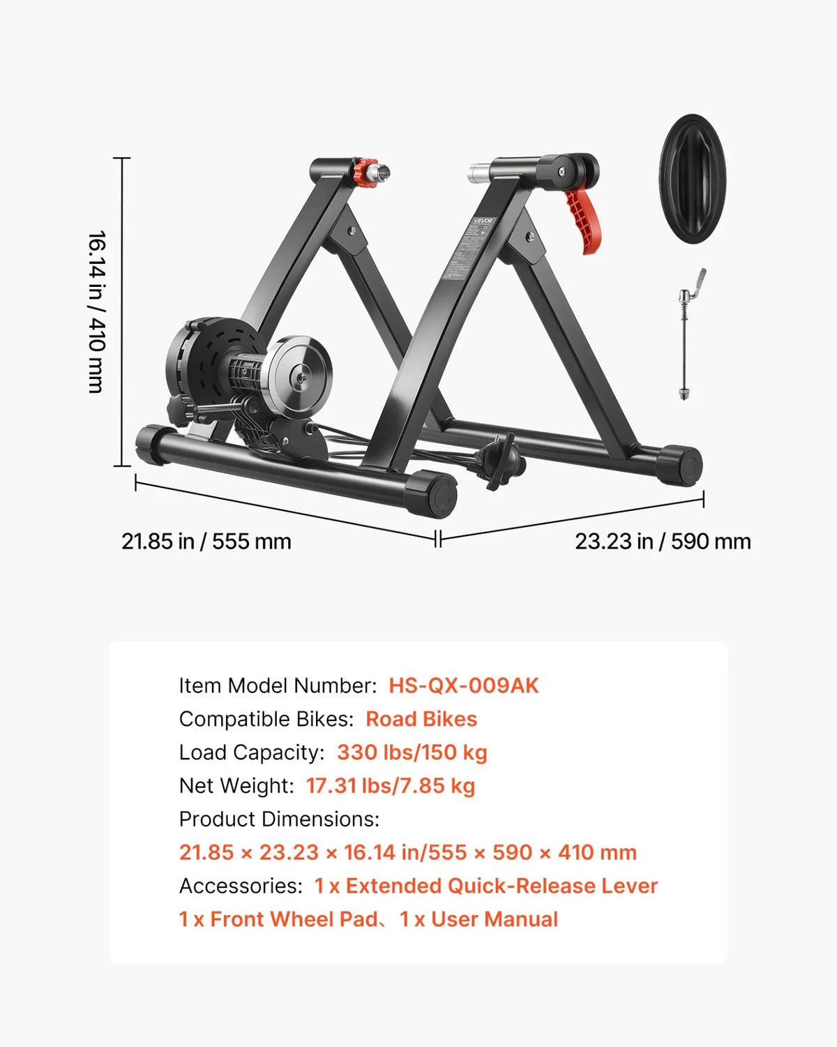 VEVOR Bike Trainer, 6 Level Resistance, 26-29 in & 700C Wheels, Foldable Magnetic Bicycle Stationary Stand for Indoor Exercise Riding with Quick Release Skewer & Front Wheel Riser Block for Road Bikes - View 6