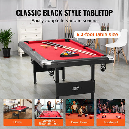VEVOR Billiards Table, 6.3 ft Pool Table, Portable Foldable Space-Saving Table, Billiard Table Set Includes Balls, Cues, Chalks and Brush, Black with Red Cloth, Perfect for Family Game Room Kid Adult - View 5