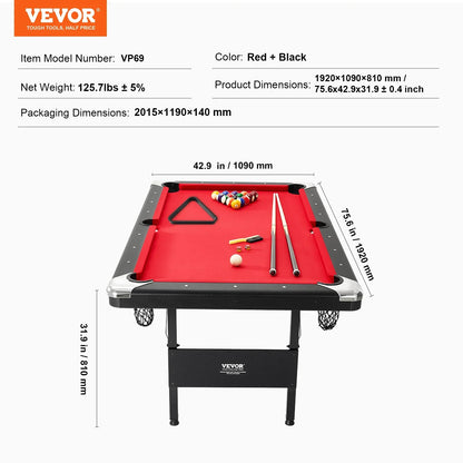VEVOR Billiards Table, 6.3 ft Pool Table, Portable Foldable Space-Saving Table, Billiard Table Set Includes Balls, Cues, Chalks and Brush, Black with Red Cloth, Perfect for Family Game Room Kid Adult - View 6