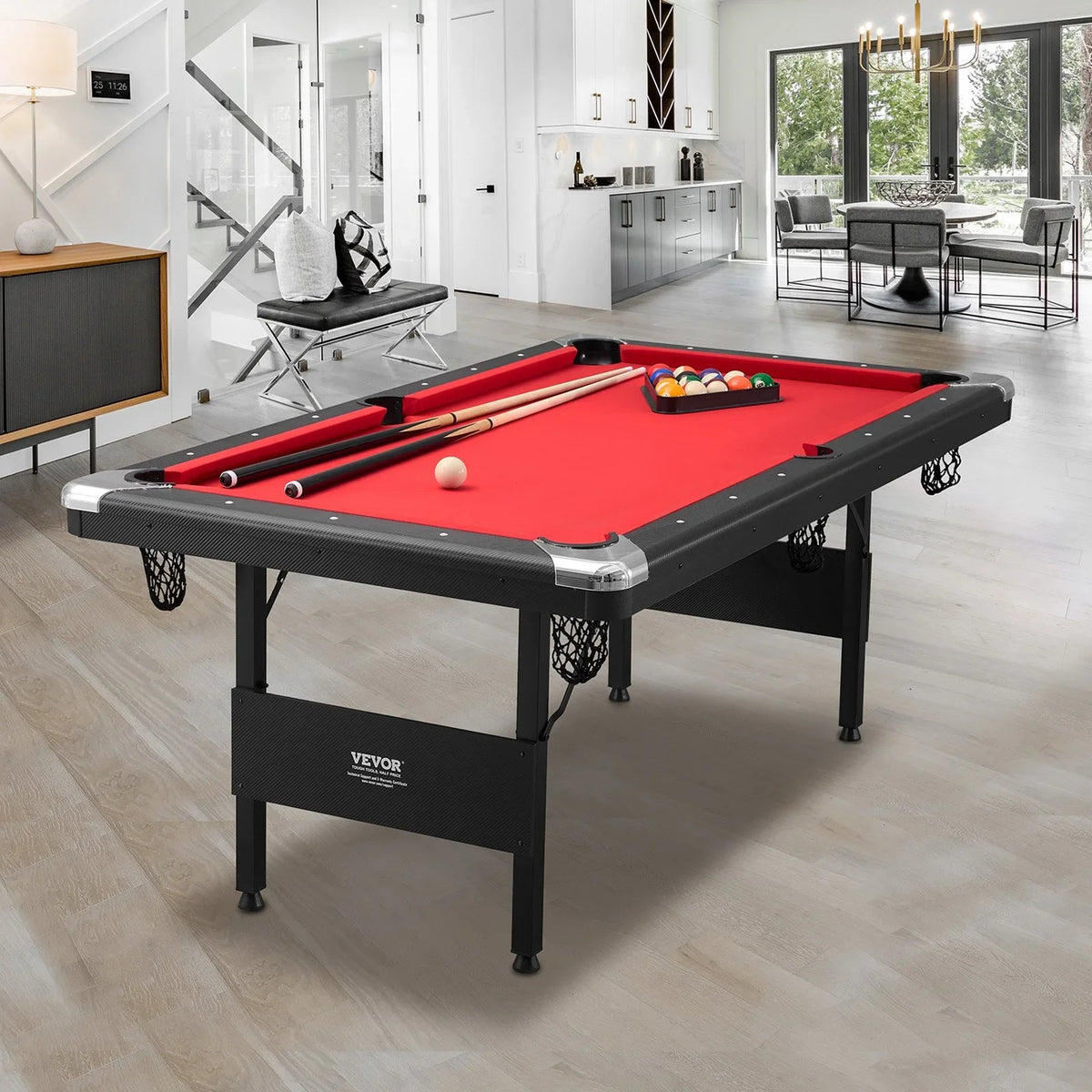 VEVOR Billiards Table, 6.3 ft Pool Table, Portable Foldable Space-Saving Table, Billiard Table Set Includes Balls, Cues, Chalks and Brush, Black with Red Cloth, Perfect for Family Game Room Kid Adult - View 7