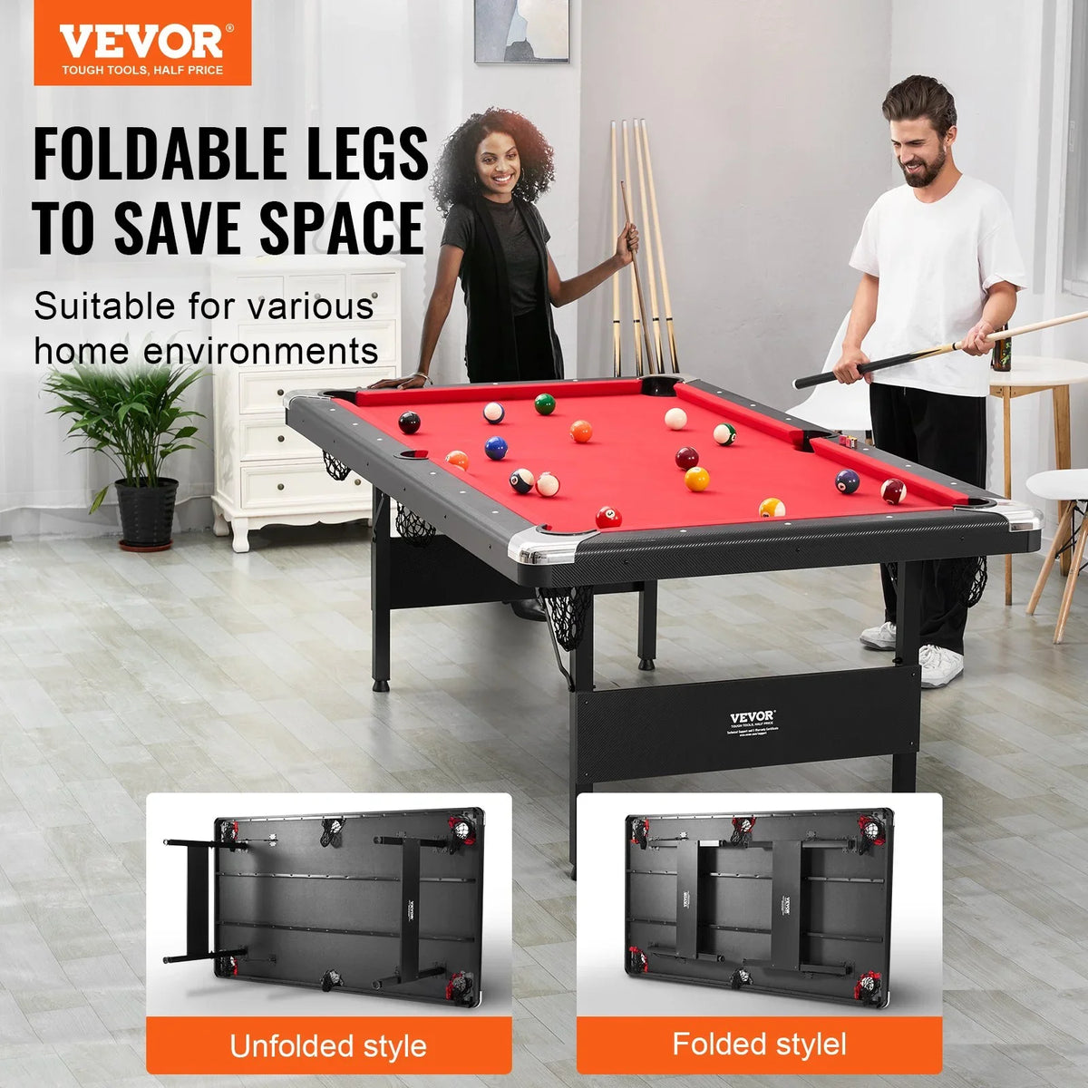 VEVOR Billiards Table, 7 ft Pool Table, Portable Foldable Space-Saving Table, Billiard Table Set Includes Balls, Cues, Chalks and Brush, Black with Red Cloth, Perfect for Family Game Room Kids Adults - View 2