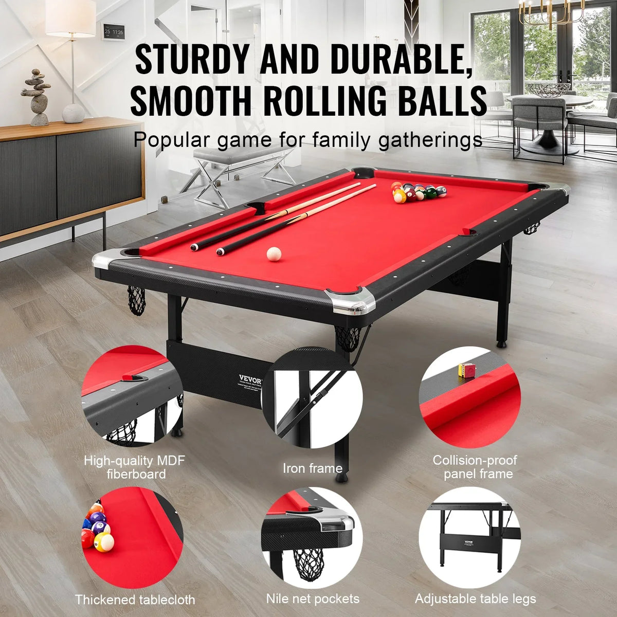 VEVOR Billiards Table, 7 ft Pool Table, Portable Foldable Space-Saving Table, Billiard Table Set Includes Balls, Cues, Chalks and Brush, Black with Red Cloth, Perfect for Family Game Room Kids Adults - View 3