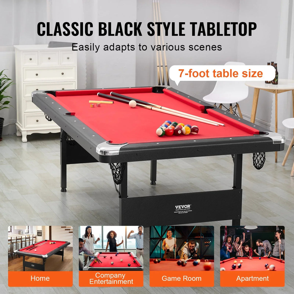 VEVOR Billiards Table, 7 ft Pool Table, Portable Foldable Space-Saving Table, Billiard Table Set Includes Balls, Cues, Chalks and Brush, Black with Red Cloth, Perfect for Family Game Room Kids Adults - View 6