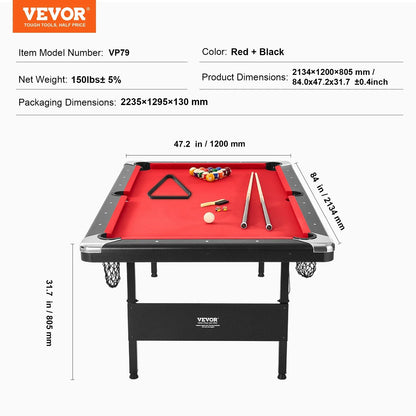 VEVOR Billiards Table, 7 ft Pool Table, Portable Foldable Space-Saving Table, Billiard Table Set Includes Balls, Cues, Chalks and Brush, Black with Red Cloth, Perfect for Family Game Room Kids Adults - View 7