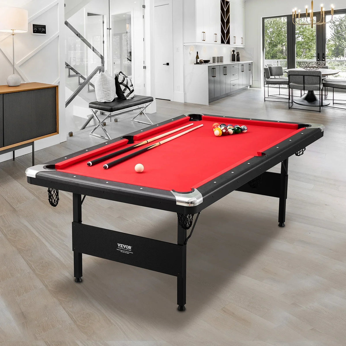 VEVOR Billiards Table, 7 ft Pool Table, Portable Foldable Space-Saving Table, Billiard Table Set Includes Balls, Cues, Chalks and Brush, Black with Red Cloth, Perfect for Family Game Room Kids Adults - View 8
