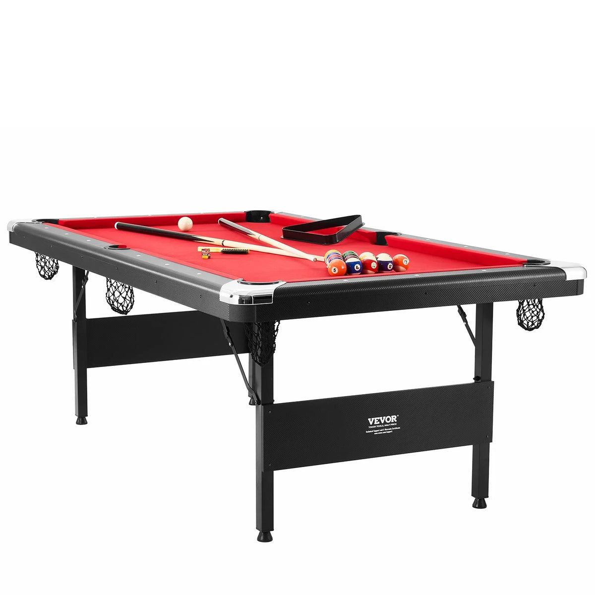 VEVOR Billiards Table, 7 ft Pool Table, Portable Foldable Space-Saving Table, Billiard Table Set Includes Balls, Cues, Chalks and Brush, Black with Red Cloth, Perfect for Family Game Room Kids Adults - View 9