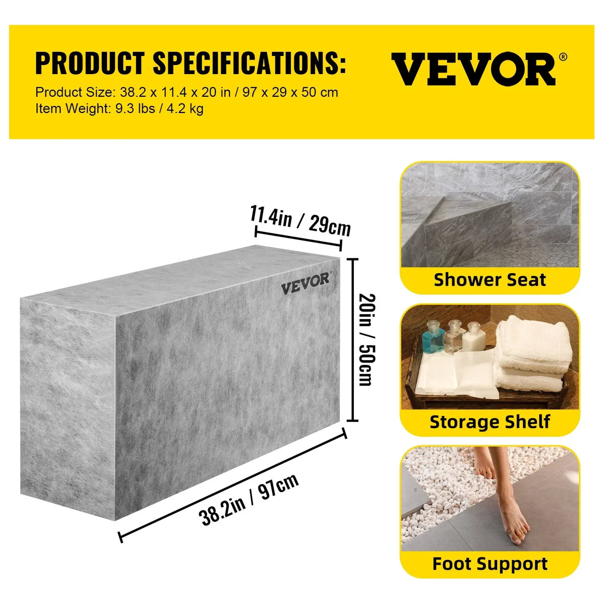 VEVOR Board Shower Bench Rectangle Bench Ready to Tile&Waterproof 38.2x11.4x20" - View 7