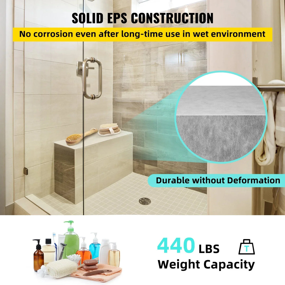 VEVOR Board Shower Bench Rectangle Bench Ready to Tile & Waterproof 47.2x16x20" - View 3