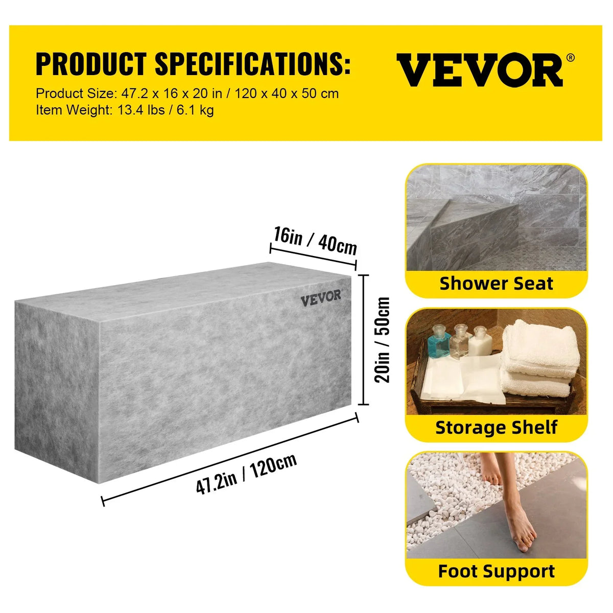 VEVOR Board Shower Bench Rectangle Bench Ready to Tile & Waterproof 47.2x16x20" - View 7
