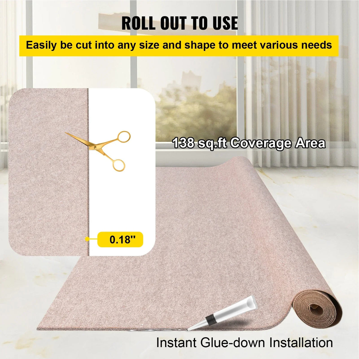 VEVOR Boat Carpet, 6 ft x 23 ft Marine Carpet for Boats, Waterproof Light Brown Carpet with Marine Backing Anti-Slide Marine Grade Boat Carpet Cuttable Easy to Clean Patio Rugs Deck Rug - View 4