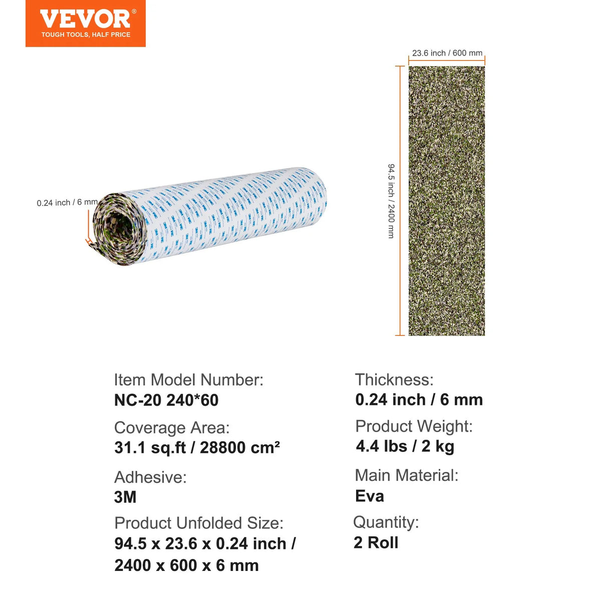 VEVOR Boat Flooring, EVA Foam Boat Decking 94.5" x 23.6", Non-Slip Self-Adhesive Flooring, 31.1sq.ft 2 Rolls of Marine Carpet for Boats, Yacht, Pontoon, Kayak Decking - View 6