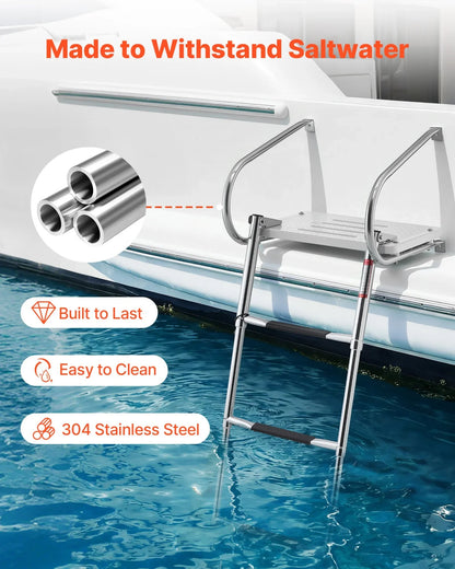 VEVOR Boat Ladder, 3 Steps, Stainless Steel Telescoping Folding Swim Deck Ladder for Rear Entry Inboard, 400 lbs Capacity with Wide Anti-Slip Steps & Handrails, for Outboards, Yacht, Pontoon Boats - View 2