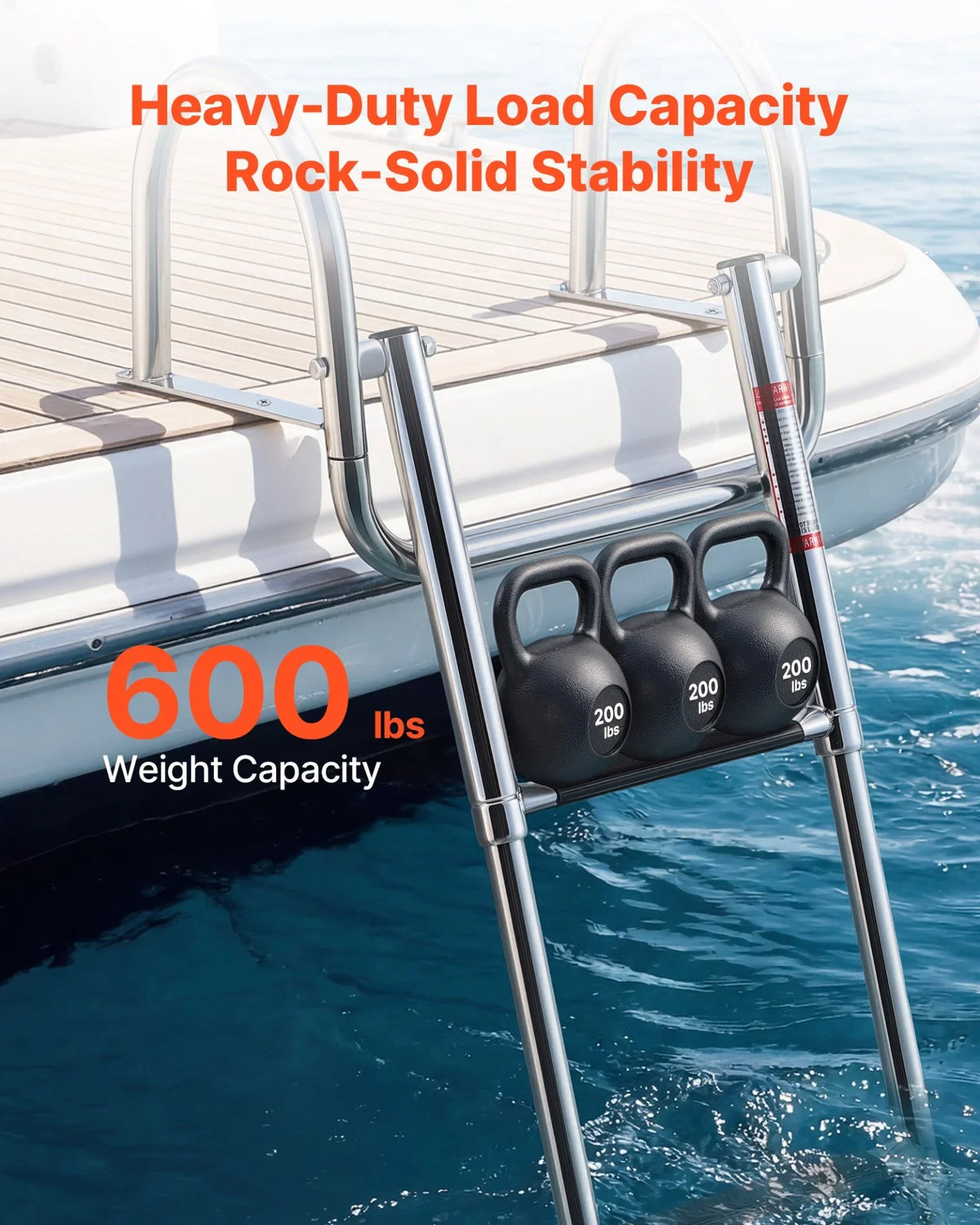 VEVOR Boat Ladder, 3 Steps, Stainless Steel Telescoping Folding Swim Deck Ladder for Rear Entry Inboard, 600 lbs Capacity with Wide Anti-Slip Steps & Handrails, for Outboards, Yacht, Pontoon Boats - View 4