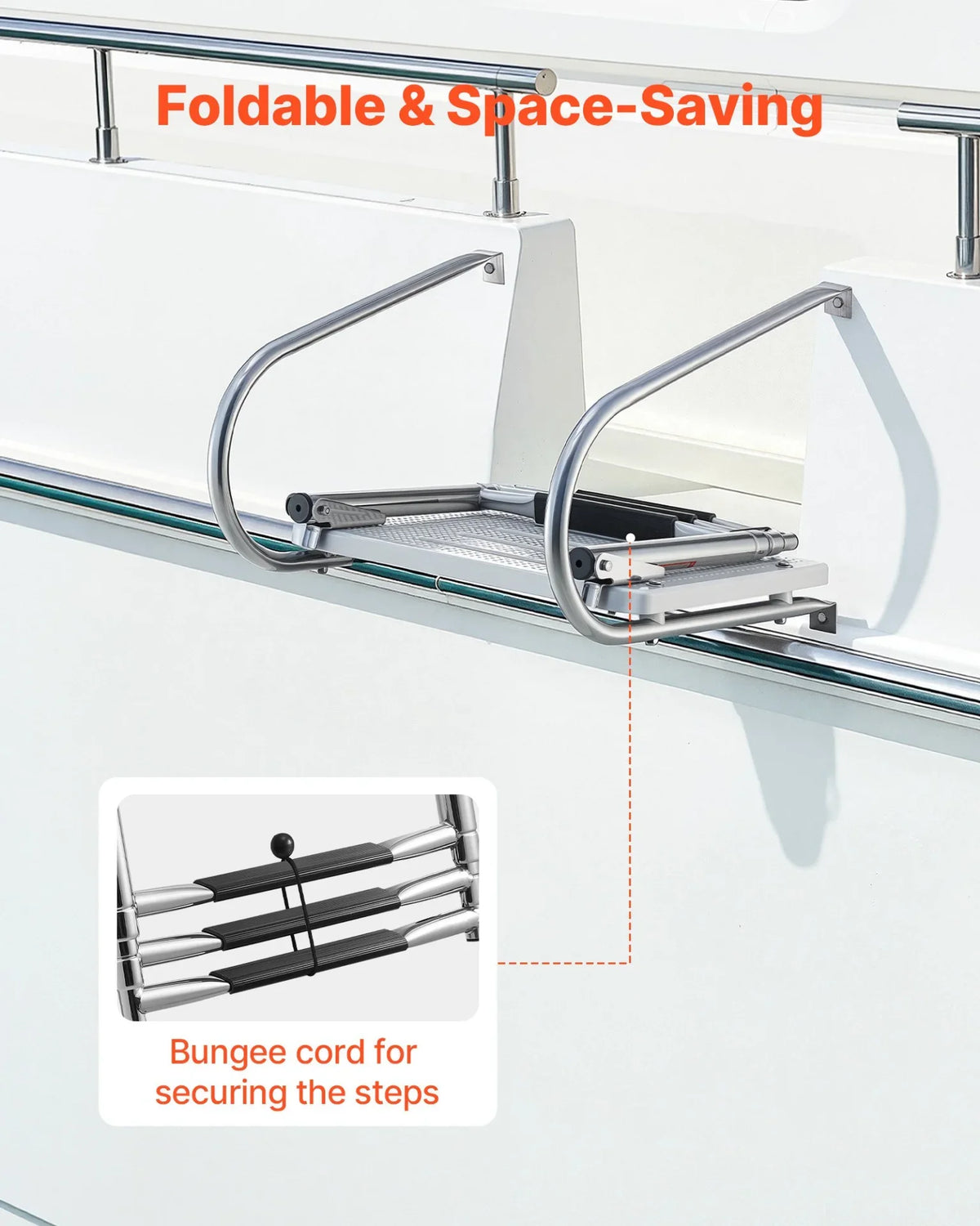 VEVOR Boat Ladder, 3 Steps, Stainless Steel Telescoping Folding Swim Deck Ladder for Rear Entry Inboard, 400 lbs Capacity with Wide Anti-Slip Steps & Handrails, for Outboards, Yacht, Pontoon Boats - View 6