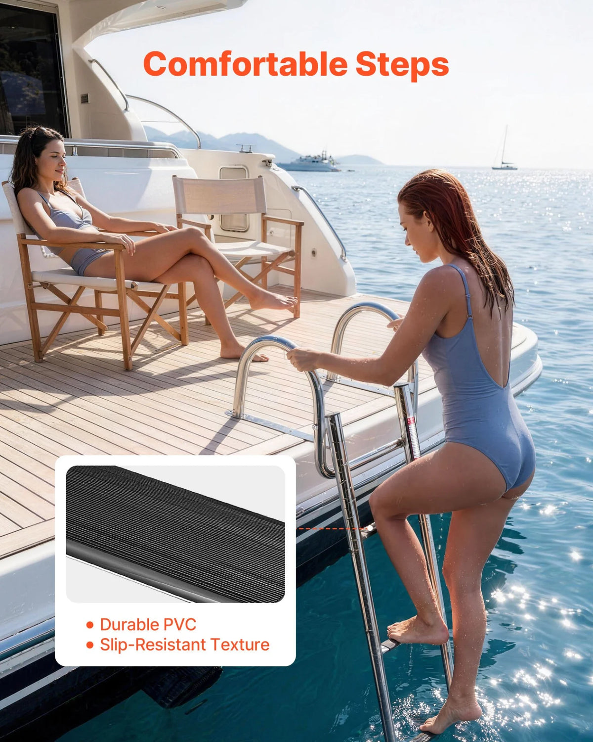 VEVOR Boat Ladder, 4 Steps, Stainless Steel Telescoping Folding Swim Deck Ladder for Rear Entry Inboard, 600 lbs Capacity with Wide Anti-Slip Steps & Handrails, for Outboards, Yacht, Pontoon Boats - View 2