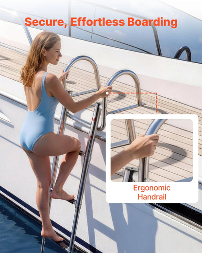 VEVOR Boat Ladder, 4 Steps, Stainless Steel Telescoping Folding Swim Deck Ladder for Rear Entry Inboard, 600 lbs Capacity with Wide Anti-Slip Steps & Handrails, for Outboards, Yacht, Pontoon Boats - View 3