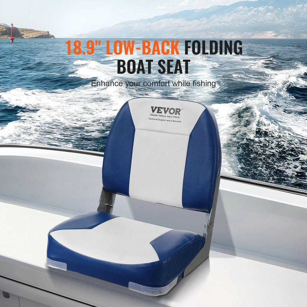 VEVOR Boat Seat, 18.9" Low Back Boat Seat, Folding Boat Chair with Thickened Sponge Padding and Hinge, Fold-Down Boat Captain Chair for Fishing Boat, Sightseeing Boat, Speedboat, Canoe, 1-Piece - View 2