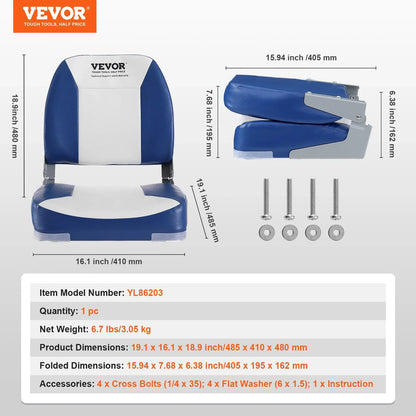 VEVOR Boat Seat, 18.9" Low Back Boat Seat, Folding Boat Chair with Thickened Sponge Padding and Hinge, Fold-Down Boat Captain Chair for Fishing Boat, Sightseeing Boat, Speedboat, Canoe, 1-Piece - View 7