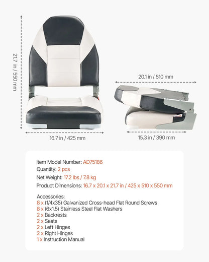 VEVOR Boat Seat High Backrest Flip Up Boat Seat Sponge Cushion Black & Grey - View 6