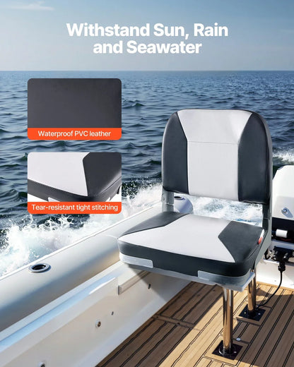 VEVOR Boat Seat, Low Backrest, Folding Fishing Boat Seat with Thickened Sponge Cushion & Waterproof PVC Leather, Aluminum Alloy Hinges, Flip Up Boat Seat for Fishing Boats, Yachts, Ships, Black & Grey - View 2