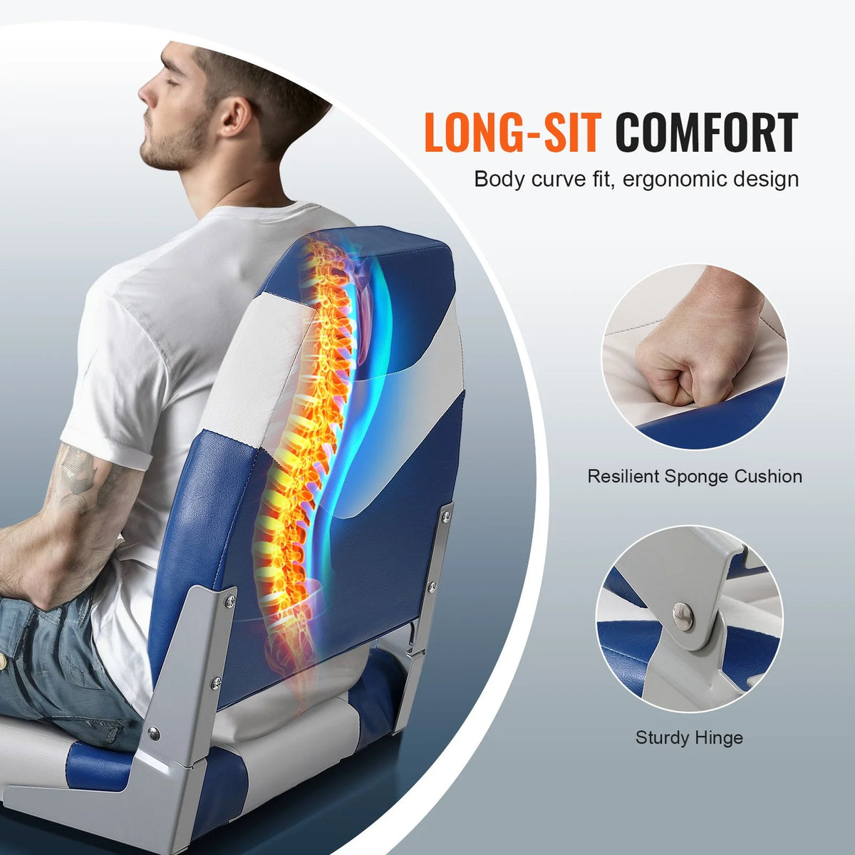 VEVOR Boat Seats, 21.85" High Back Boat Seat, Folding Boat Chair with Thickened Sponge Padding and Hinge, Fold-Down Boat Captain Chairs for Fishing Boat, Sightseeing Boat, Speedboat, Canoe, 2-Pack - View 2