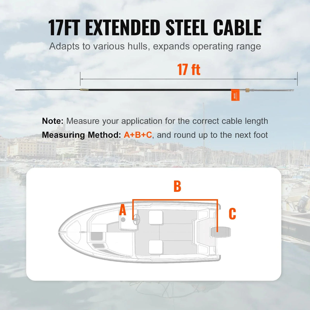 VEVOR Boat Steering Cable, 17 Feet Outboard Marine Rotary Steering Cable, 1/2 Ton High Tensile Strength, Replacement Steering Cable Compatible with Most Single-Station Outboard Steering Systems - View 2