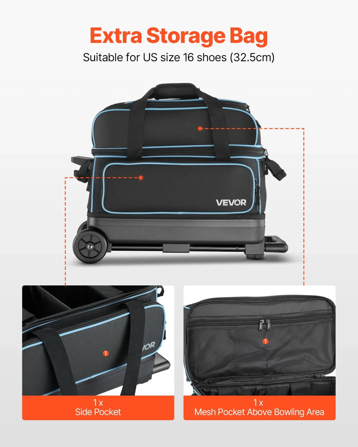 VEVOR Bowling Ball Bag, 2 Ball Double Roller Bowling Bag with Wheels, Featuring a Separate Compartment for Shoes (Up To US Size 16) & Oversized Accessory Pocket, Retractable Handle Extends to 41.32 in - View 4