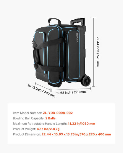 VEVOR Bowling Ball Bag, 2 Ball Double Roller Bowling Bag with Wheels, Featuring a Separate Compartment for Shoes (Up To US Size 16) & Oversized Accessory Pocket, Retractable Handle Extends to 41.32 in - View 6