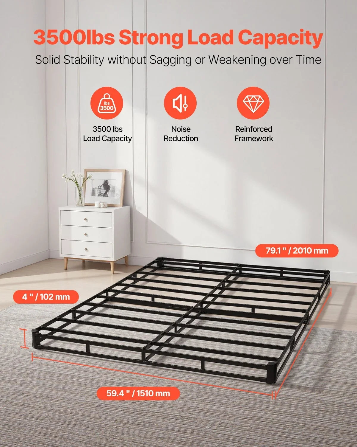 VEVOR Box Spring, Queen Size Bed Frame with Washable Fabric Cloth, Heavy Duty Metal Frame for Queen Bed, 4 in Mattress Foundation, 3500 lbs Max Weight Capacity, Easy Assembly, 79.1 L x 59.4 W x 4 H in