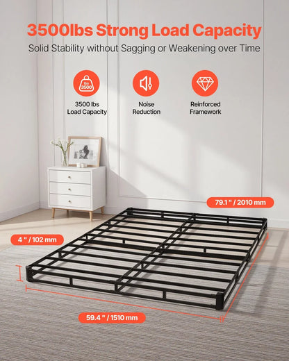 VEVOR Box Spring, Queen Size Bed Frame with Washable Fabric Cloth, Heavy Duty Metal Frame for Queen Bed, 4 in Mattress Foundation, 3500 lbs Max Weight Capacity, Easy Assembly, 79.1 L x 59.4 W x 4 H in