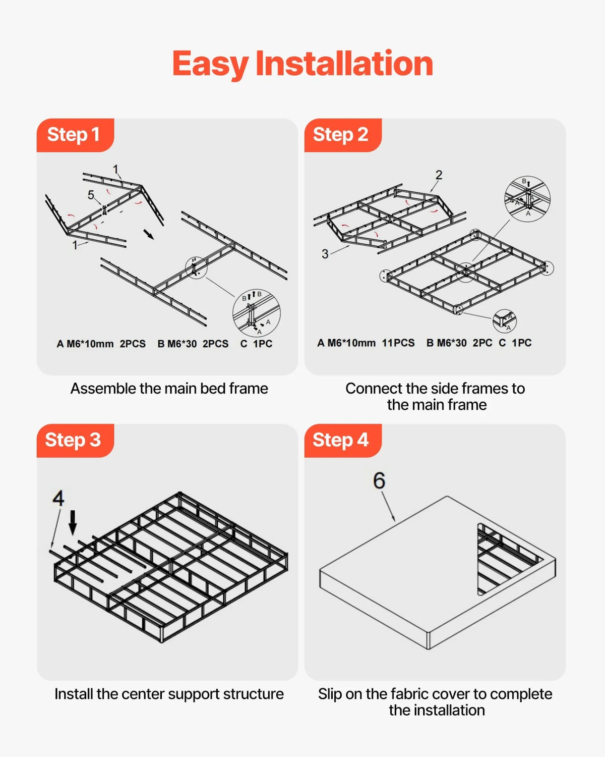 VEVOR Box Spring, Queen Size Bed Frame with Washable Fabric Cloth, Heavy Duty Metal Frame for Queen Bed, 4 in Mattress Foundation, 3500 lbs Max Weight Capacity, Easy Assembly, 79.1 L x 59.4 W x 4 H in - View 14