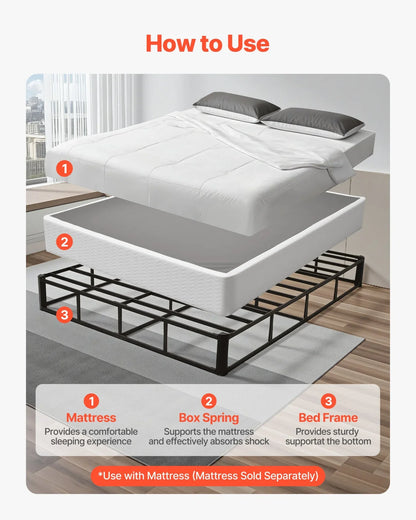 VEVOR Box Spring, Queen Size Bed Frame with Washable Fabric Cloth, Heavy Duty Metal Frame for Queen Bed, 9.1 in Mattress Foundation, 3500 lbs Max Weight Capacity, Easy Assembly, 79.1 x 59.6 x 9.1 in - View 3